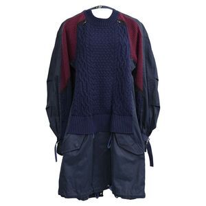 Sacai Cable-Knit Layered Effect Mini Dress in Navy Blue Wool